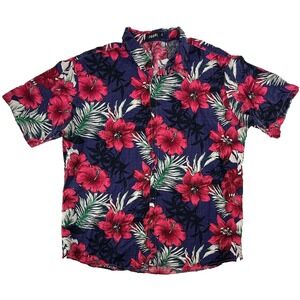 Jogal Hawaiian Shirt Mens XL Blue Red Floral Hibiscus Tropical Button Up